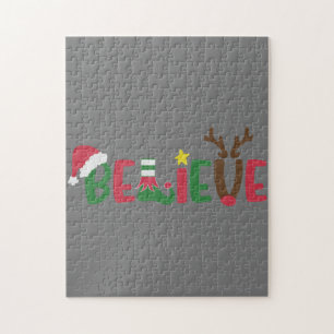 Funny Santa Claus Hat Believe Snowflakes Christmas Jigsaw Puzzle