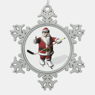 Funny Santa Claus Ice Hockey Player Snowflake Pewter Christmas Ornament