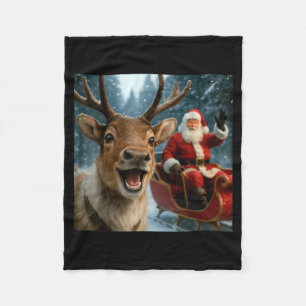Funny Santa Claus In Sleigh With Reindeer Christma Fleece Blanket