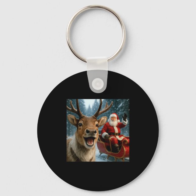 Funny Santa Claus In Sleigh With Reindeer Christma Key Ring (Front)