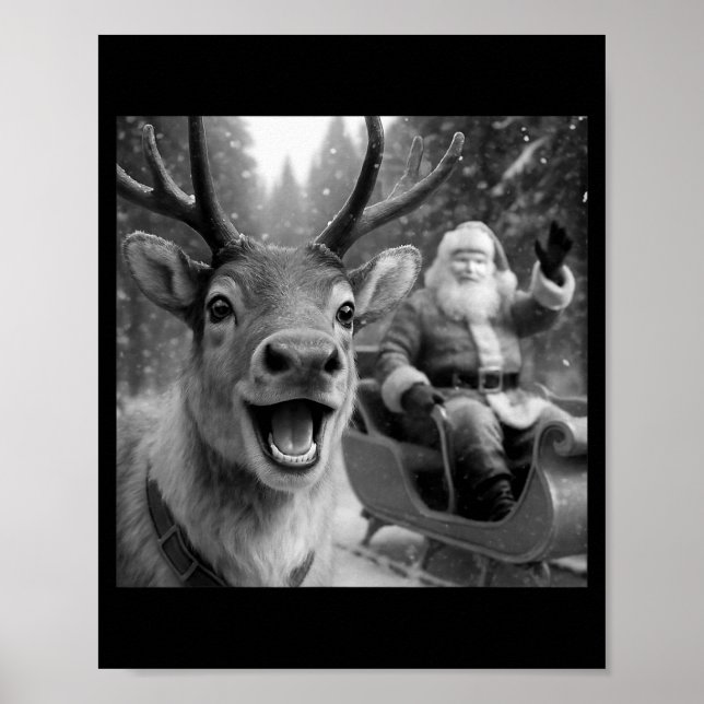Funny Santa Claus In Sleigh With Reindeer Christma Poster (Front)
