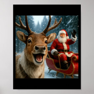 Funny Santa Claus In Sleigh With Reindeer Christma Poster