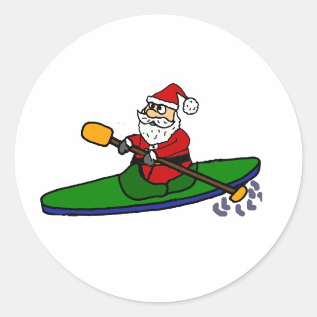 Funny Santa Claus Kayaking Christmas Cartoon Classic Round Sticker (Front)