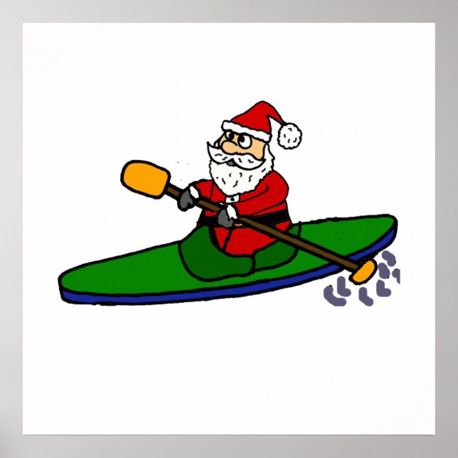 Funny Santa Claus Kayaking Christmas Cartoon Poster (Front)
