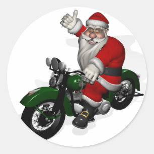 Funny Santa Claus On Green Vintage Motorbike Classic Round Sticker