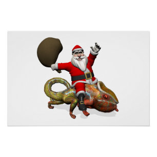 Funny Santa Claus On Huge Panther Chameleon Poster