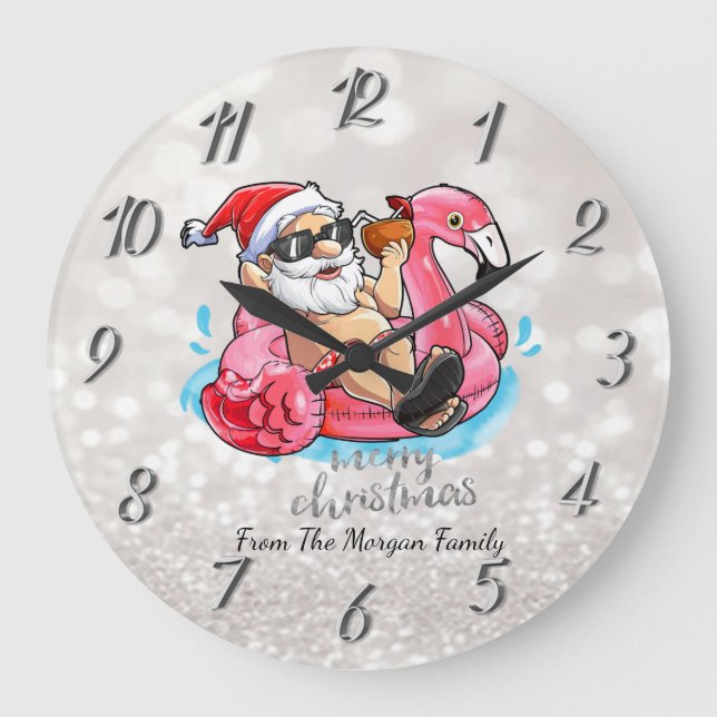 Funny Santa Claus,Pink Flamingos Christmas Large Clock (Front)