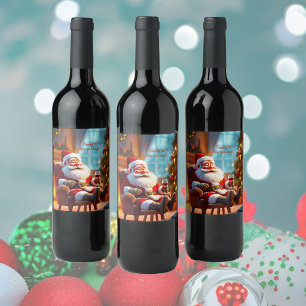 Funny Santa Claus Relaxing with Red Wine Label