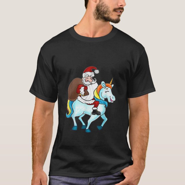 Funny Santa Claus Riding A Unicorn Cute Christmas  T-Shirt (Front)