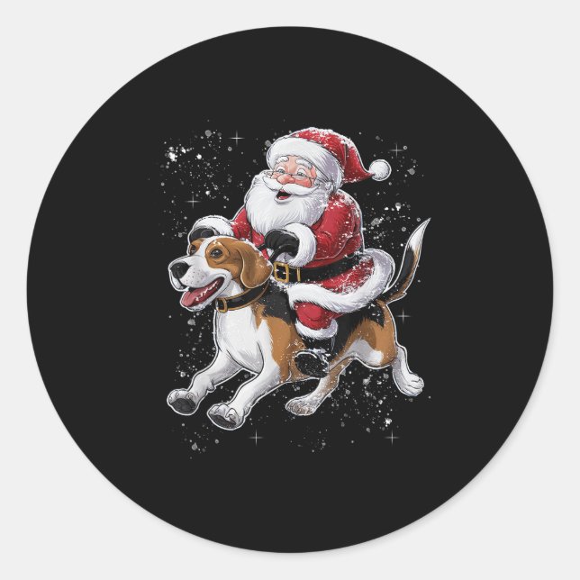 Funny Santa Claus Riding Beagle Dog Christmas For  Classic Round Sticker (Front)