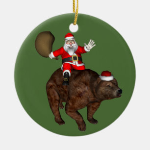 Funny Santa Claus Riding On Brown Bear Ceramic Tree Decoration