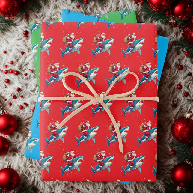 Funny Santa Claus Riding Shark Christmas Gift Wrapping Paper Sheet (Creator Uploaded)