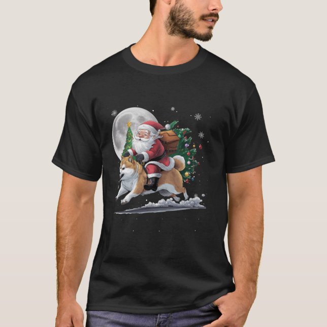 Funny Santa Claus Riding Shiba Inu Dog Tree Lights T-Shirt (Front)