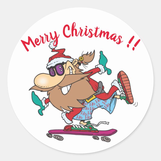 Funny Santa Claus Skateboarding Christmas Classic Round Sticker (Front)