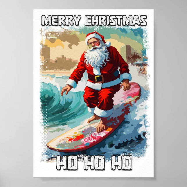 Funny Santa Claus surfing in the summer pop art Poster (Front)