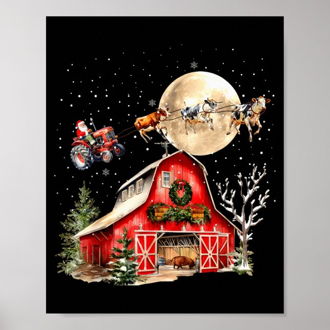 Funny Santa Claus Tractor Cows Farm Farmer Christm Poster (Front)