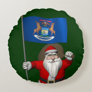 Funny Santa Claus With Ensign Of Michigan Round Cushion