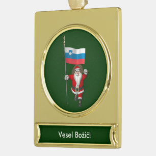 Funny Santa Claus With Ensign Of Slovenia Gold Plated Banner Ornament