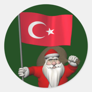 Funny Santa Claus With Flag Of Turkey Classic Round Sticker
