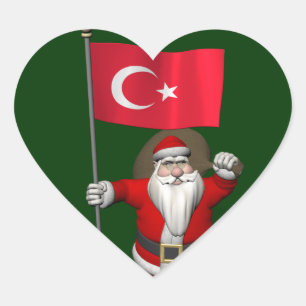 Funny Santa Claus With Flag Of Turkey Heart Sticker