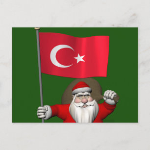 Funny Santa Claus With Flag Of Turkey Holiday Postcard