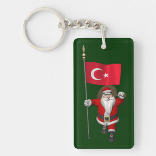 Funny Santa Claus With Flag Of Turkey Key Ring