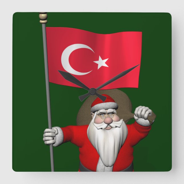 Funny Santa Claus With Flag Of Turkey Square Wall Clock (Front)