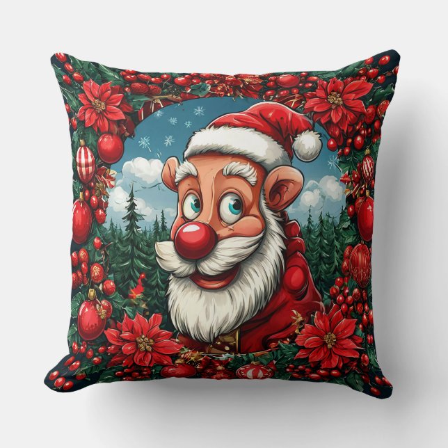 Funny Santa Claus with Wreath and Ornaments Cushion (Front)