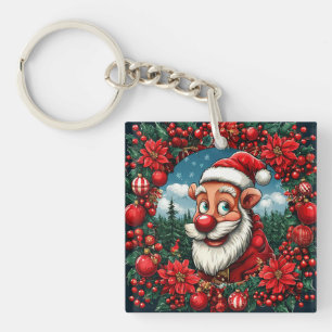 Funny Santa Claus with Wreath and Ornaments Key Ring