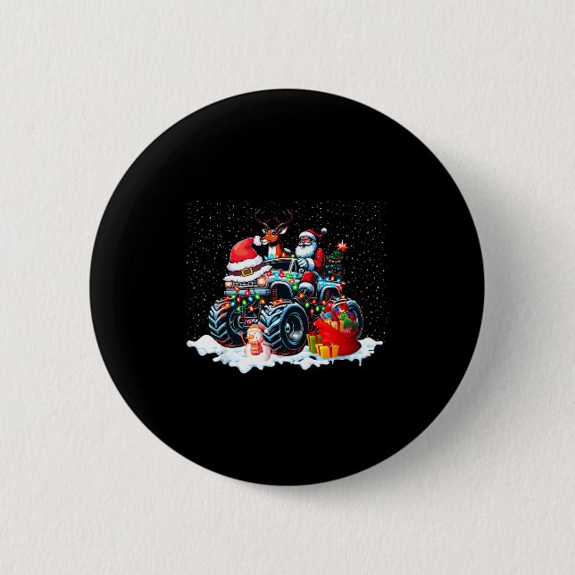 Funny Santa Clause Riding Monster Red Truck Xmas T 6 Cm Round Badge (Front)