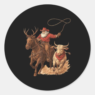 Funny Santa Cowboy Rodeo Reindeer Western Horse Ro Classic Round Sticker
