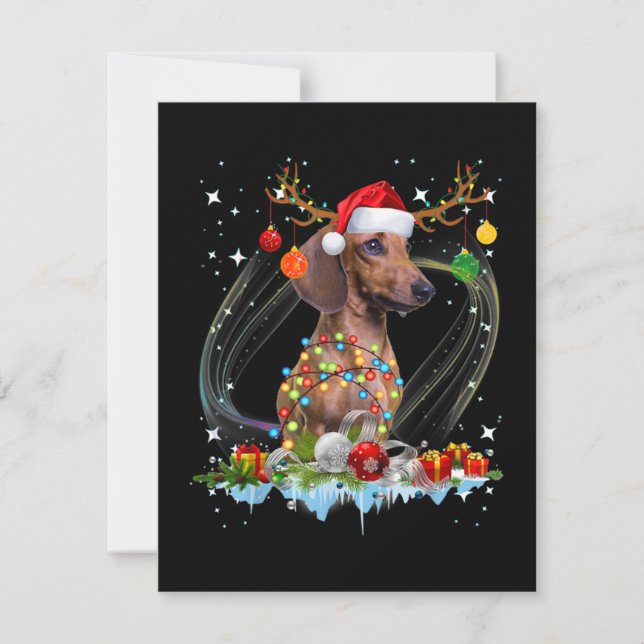 Funny Santa Dachshund Reindeer Light Christmas Card (Front)