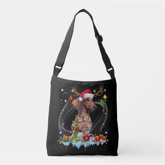 Funny Santa Dachshund Reindeer Light Christmas Crossbody Bag (Front)