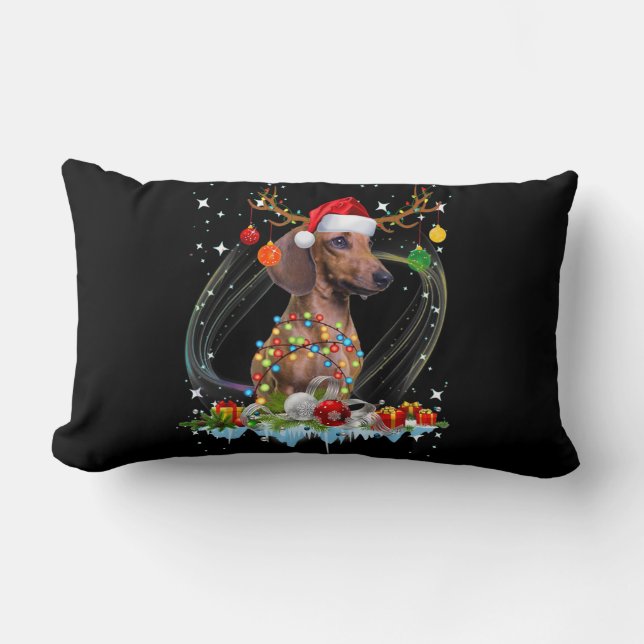 Funny Santa Dachshund Reindeer Light Christmas Lumbar Cushion (Front)