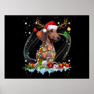 Funny Santa Dachshund Reindeer Light Christmas Poster