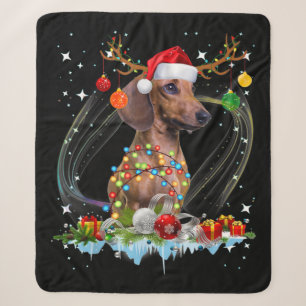 Funny Santa Dachshund Reindeer Light Christmas Sherpa Blanket