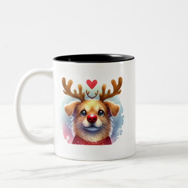 Funny Santa Dog Red nose deer Two-Tone Coffee Mug (Left)