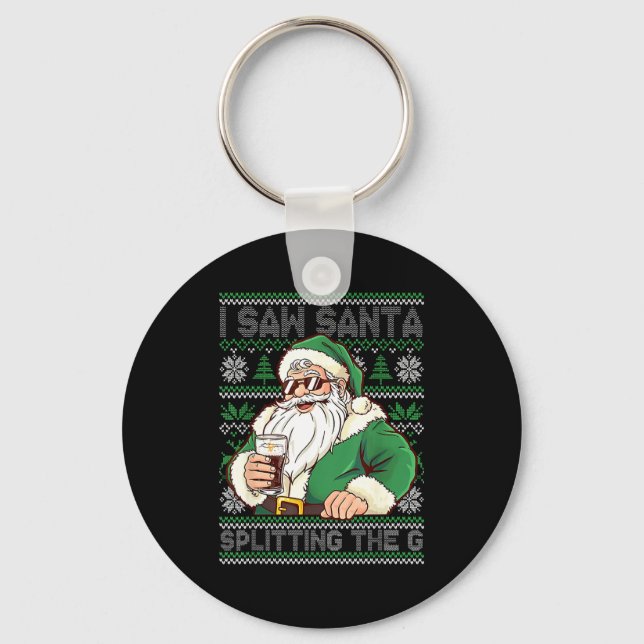 Funny Santa Drinking Beer Splitting G Christmas Ad Key Ring (Front)