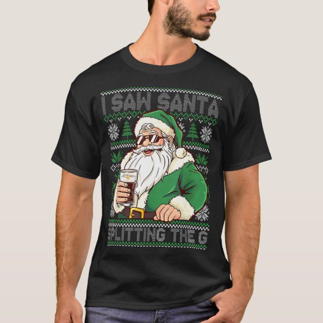 Funny Santa Drinking Beer Splitting G Christmas Ad T-Shirt (Front)
