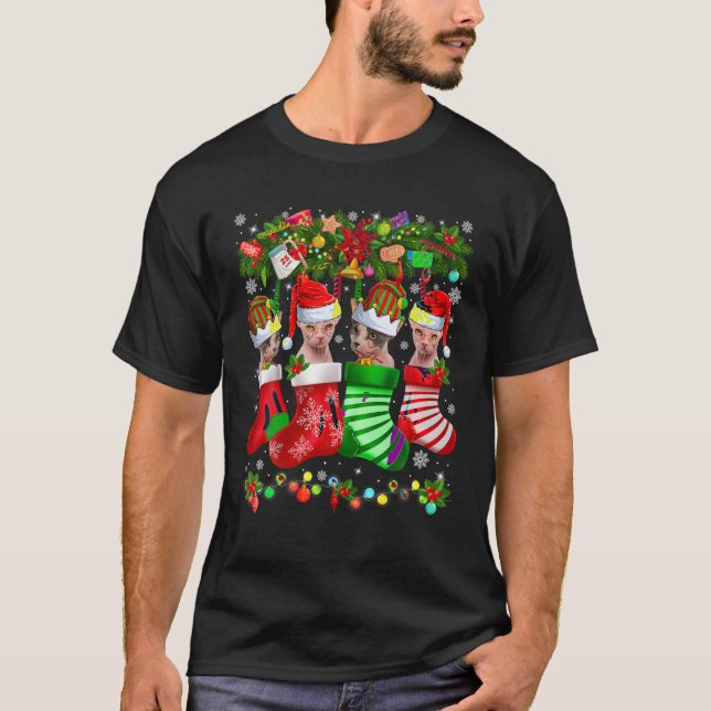 Funny Santa Elf Sphynx Cats In Christmas Socks Xma T-Shirt (Front)
