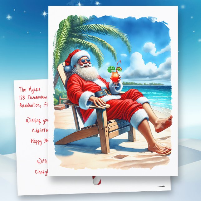 Funny Santa Enjoying a Cocktail on the Beach  Holiday Postcard (Creator Uploaded)