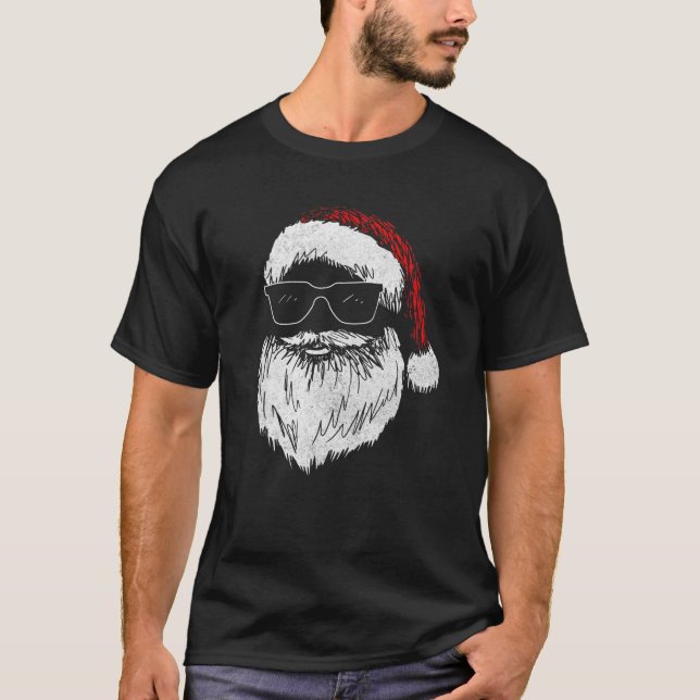 Funny Santa Face With Sunglasses Hat Beard Christm T-Shirt (Front)