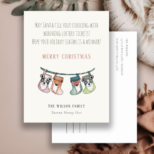Funny Santa Fills Stockings With Lottery Christmas Holiday Postcard