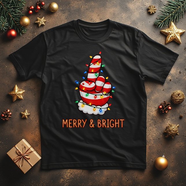 Funny Santa Finger  in Christmas Lights  T-Shirt (Creator Uploaded)