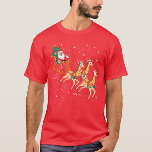 Funny Santa Giraffe Sleigh Flying Christmas Night  T-Shirt