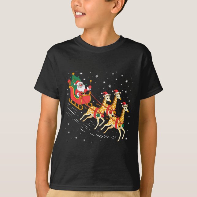 Funny Santa Giraffe Sleigh Flying Christmas Night  T-Shirt (Front)