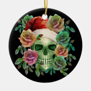 FUNNY SANTA GREEN SKULL AND CHRISTMAS FLORAL CERAMIC ORNAMENT