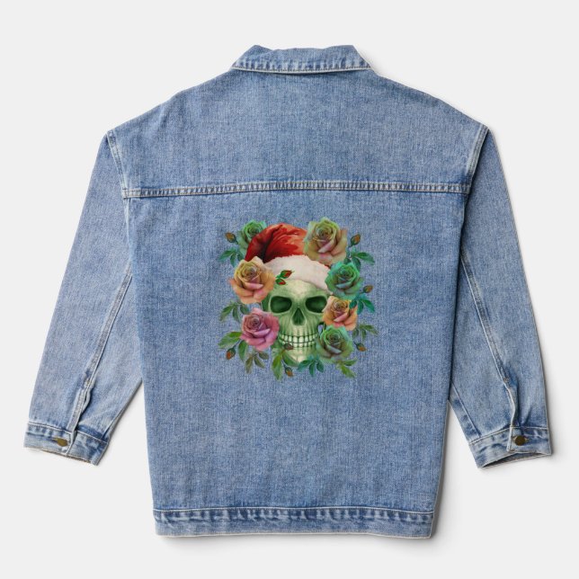 FUNNY SANTA GREEN SKULL AND CHRISTMAS FLORAL  DENIM JACKET (Back)