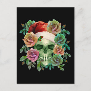 FUNNY SANTA GREEN SKULL AND CHRISTMAS FLORAL POSTCARD