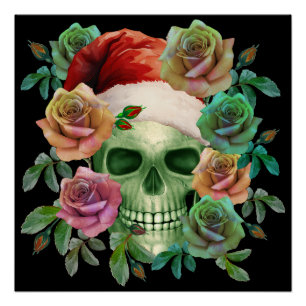 FUNNY SANTA GREEN SKULL AND CHRISTMAS FLORAL  POSTER
